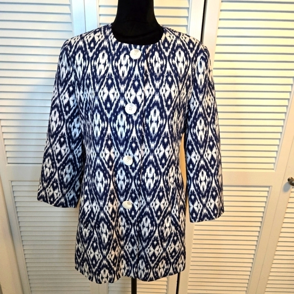 Johnston & Murphy Navy White Boho Geometric Design Blazer Jacket 3/4 Sleeves